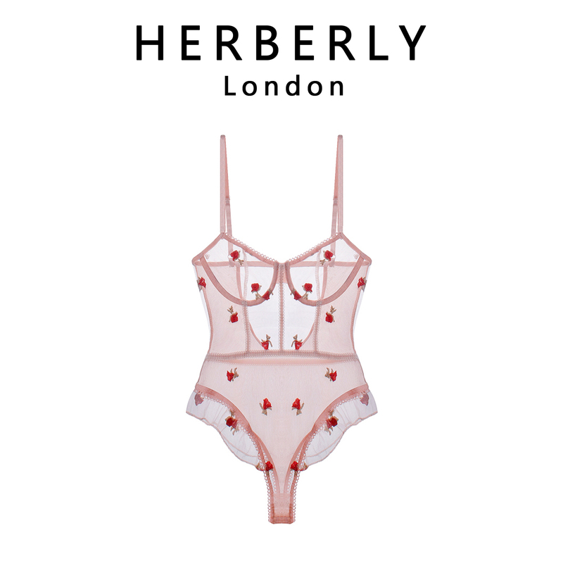 Uk Herberly Cream Strawberry Pearl Trim Underwire Mesh Embroidered Rose Bodysuit Bra Set