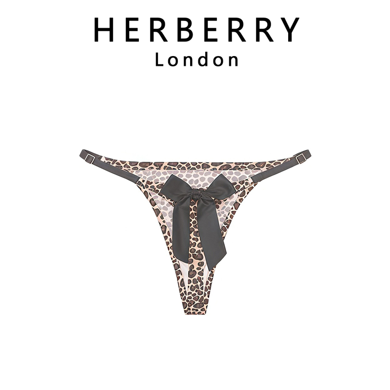 British Herberry High-Slit Sexy Leopard Print T-Shaped Adjustable Thin Strap Bowknot Erotic Thong for Women