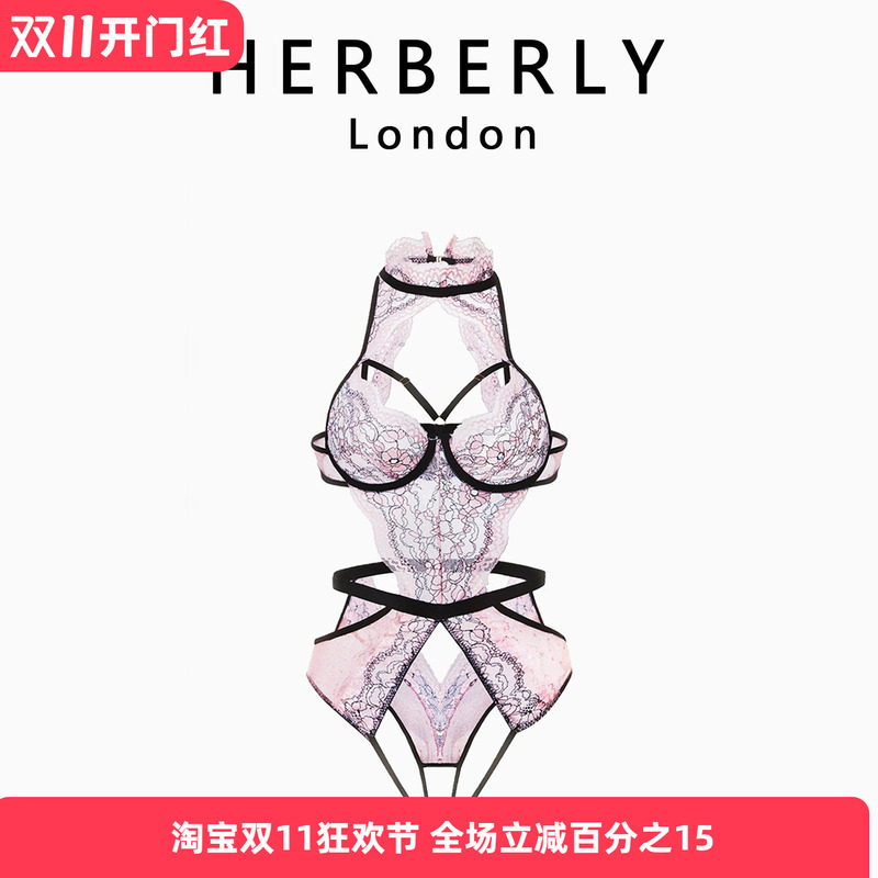 British Herberly Sweet Wild Date Lace Sexy Large Hollow-Out Lace-Up Black and Pink Contrast Bra Set