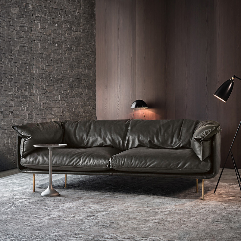 Italian minimalist leather sofa Nordic small apartment three-person double sofa industrial style modern minimalist light luxury sofa