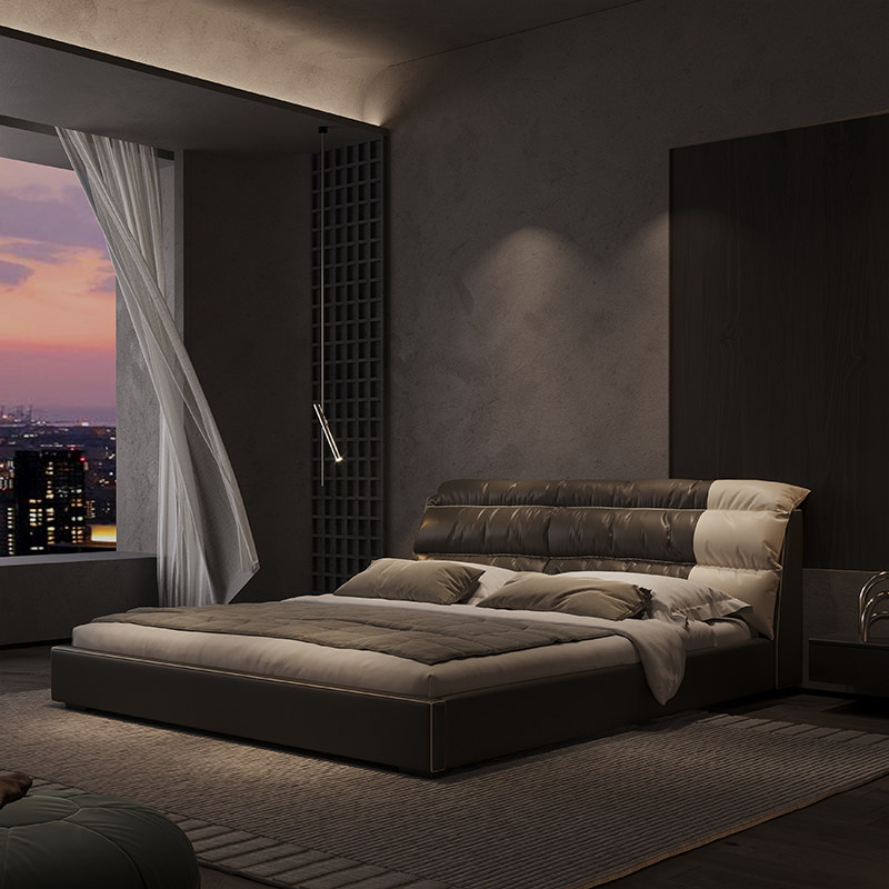 Italian style light luxury leather bed modern minimalist first layer cowhide double bed high-end storage bed master bedroom tatami wedding bed