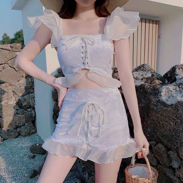 Swimsuit Girl 2021 New Fairy Fan Conservative Split Two-Piece Set Cover Belly Thin Student Girl Swimsuit Soaking Hot Spring