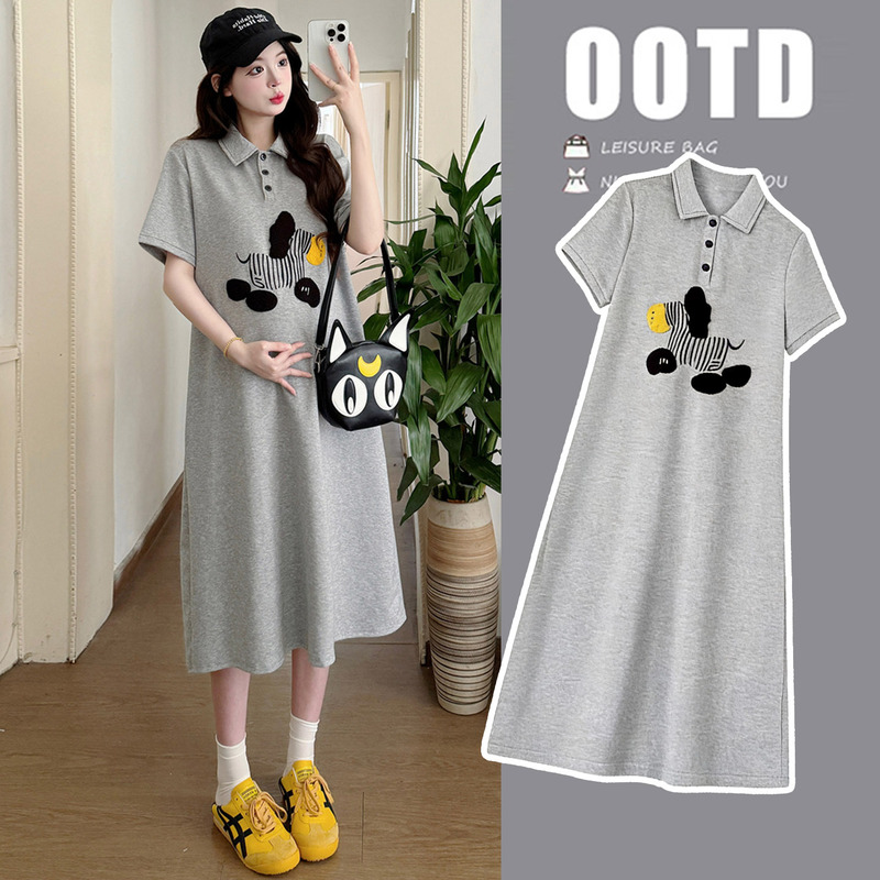 Maternity Dress Summer Style 2026 New Casual Maternity Wear Loose Polo Collar T-Shirt Dress Belly-Covering Age-Reducing Dress