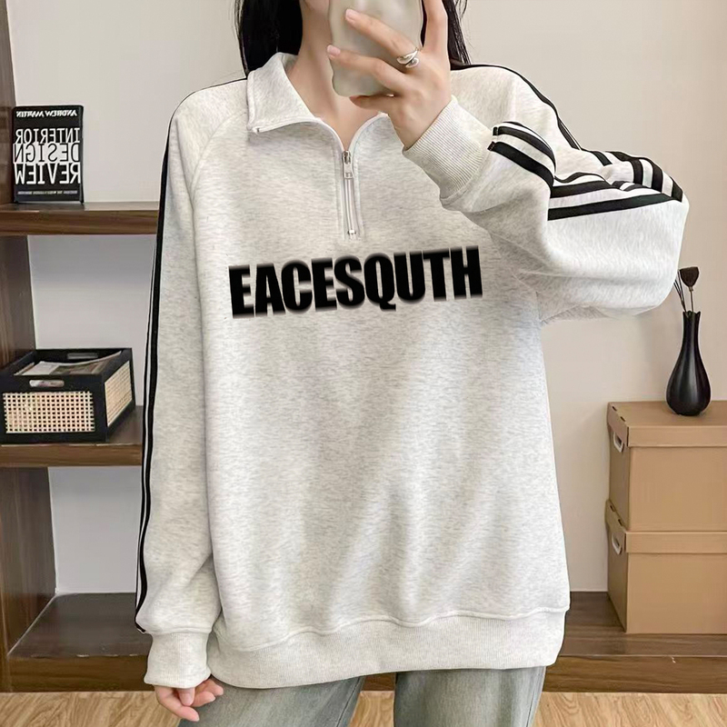 American-Style Three-Stripe Stand Collar Half-Zip Letter Sweatshirt for Women, Autumn and Winter 2026 New Style, Loose and Versatile Thin Top American-Style Three-Stripe Stand Collar Half-Zip Letter Sweatshirt for Women, Autumn and Winter 2026 New Style, Loose and Versatile Thin Top