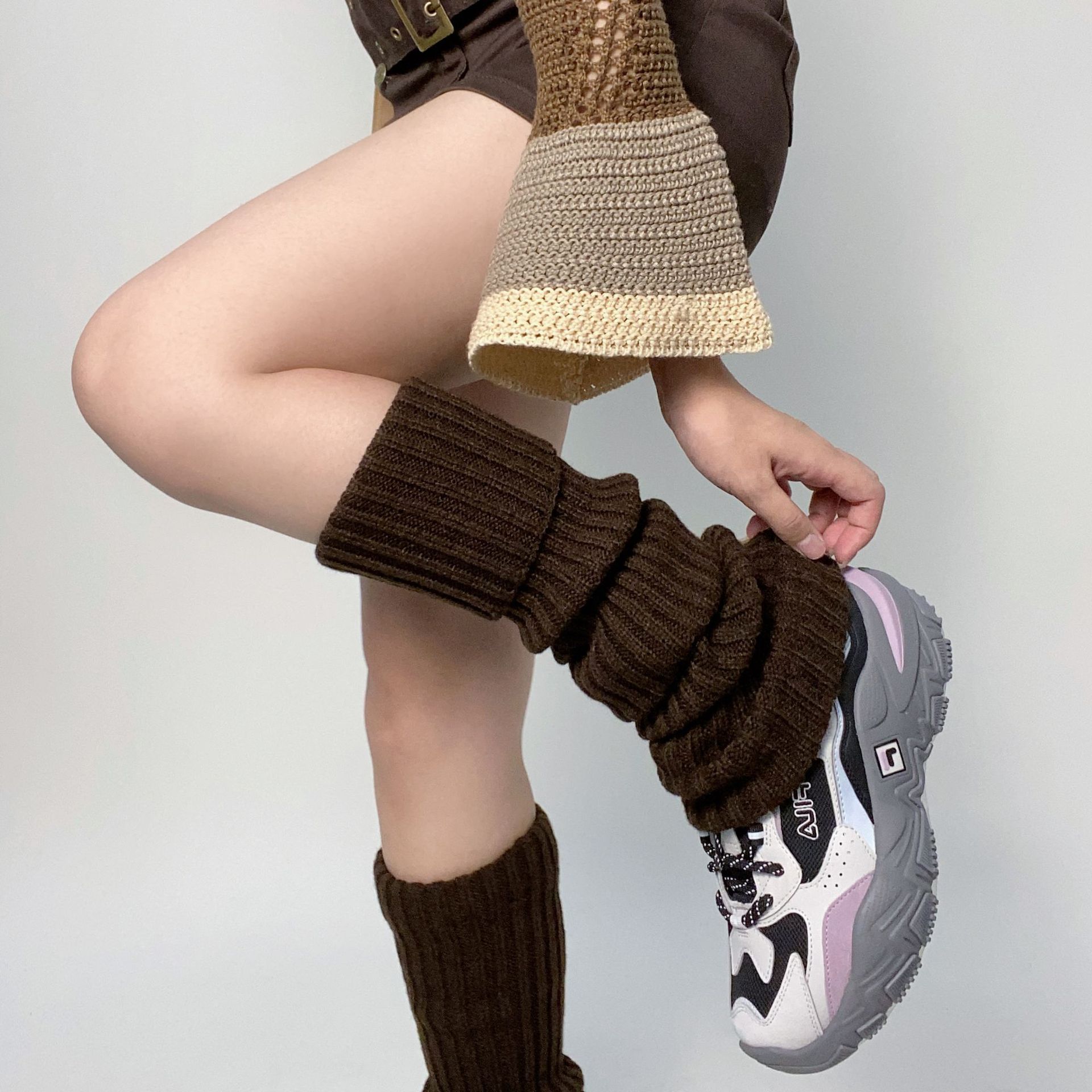 Grey Knit Socks Heaps Pile Socks Y2K Sub Culture Leg Kit Jk Adolescent Calf Socks Hot Girl Over Knee Socks 70CM-Taobao