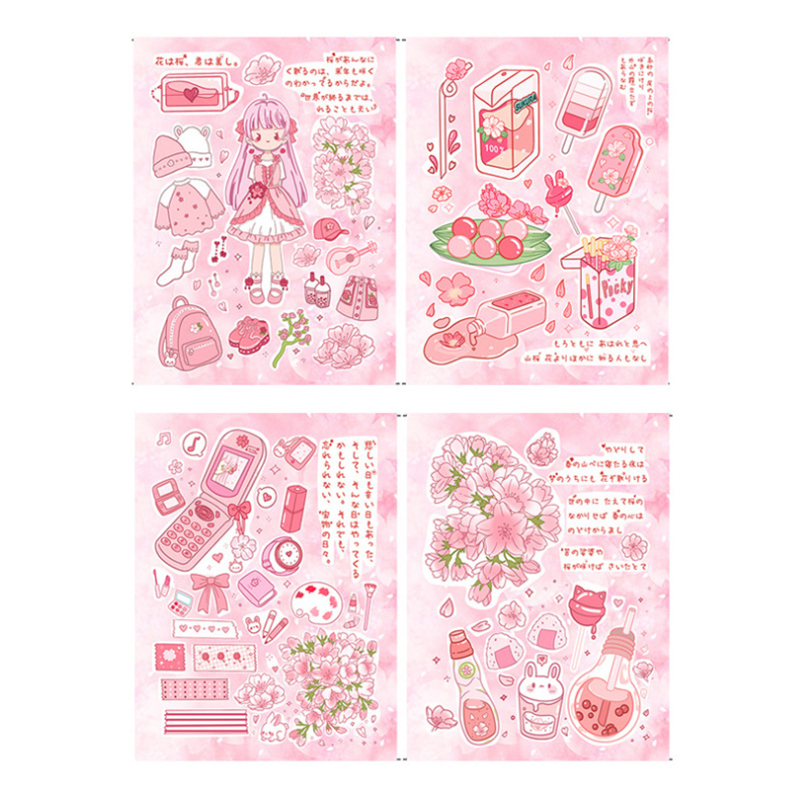 Lotus Color & Cherry Blossom (4 Pieces)Cartoon lovely Wood in Hand account Stickers diy source material daily expression diary decorate Girlish heart Paper and tape