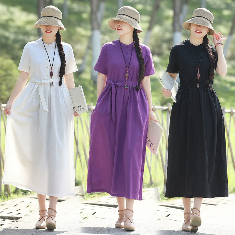 Mùa hè 2019 phong cách dân tộc mới của phụ nữ váy cotton văn học và vải lanh lỏng retro là váy mỏng màu dài - Váy dài