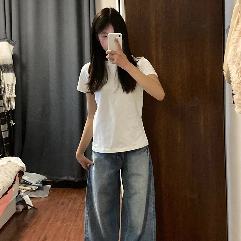 Right-Shoulder Round-Neck Solid Color Short-Sleeve T-Shirt for Women, Summer Short Style, High-Waisted, Slim-Fitting, Slimming Top, Casual, Simple, Versatile T-Shirt