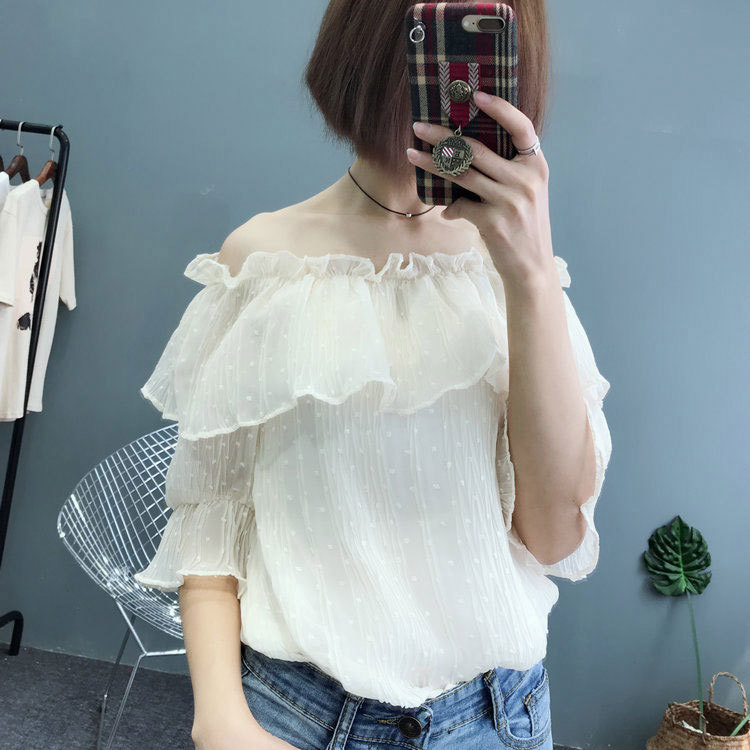 Đầm mùa hè phiên bản Hàn Quốc của khí chất từ ​​cổ áo lệch vai đôi xòe ren áo voan tay ngắn tay áo crop top - Áo sơ mi chiffon ren áo sơ mi màu xanh