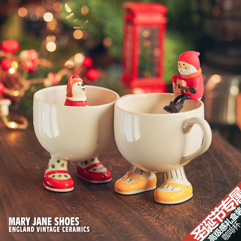 Christmas Couple Creative Mary Jane Shoes Coffee Cup Holiday Gift Box Set Retro British Style Ceramic Water Cup