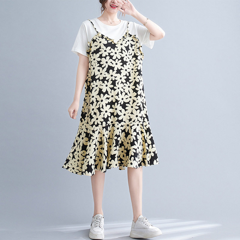 Fake two pieces of debris to decrease age and piece of fat sister 300 pounds of thin shade dress summer woman a word loose