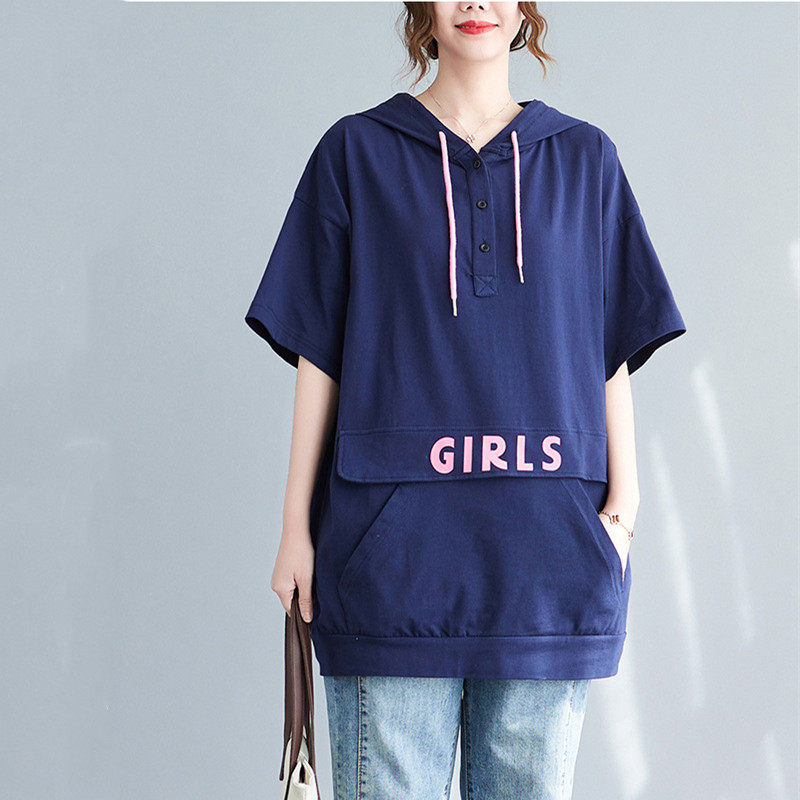 The 300 kg short - sleeved T - shirt woman summer new fat sister MM240 loose hooded T - shirt covered up