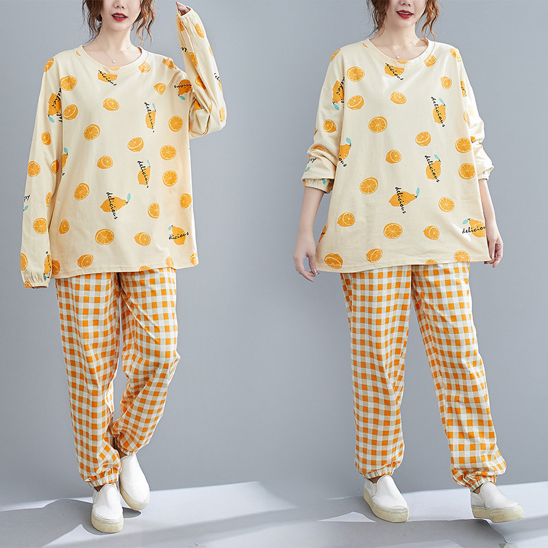 Ultra Fat Sleepwear Woman Long Sleeve Spring Autumn Season Pure Cotton 240 Fat Mm Loose Home Conserved Two Style Suits Up 300 catty