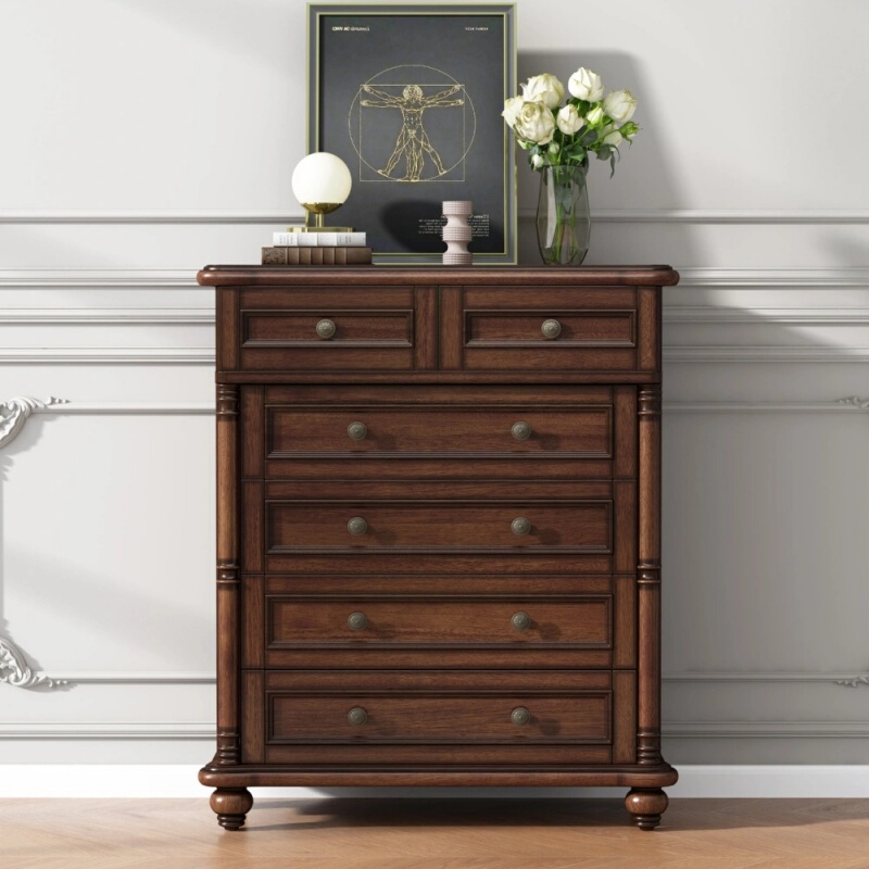 American-Style Solid Wood Six-Drawer Cabinet, Vintage Walnut Color Storage Cabinet, Large Capacity Bedroom End-Of-Bed Chest of Drawers American-Style Solid Wood Six-Drawer Cabinet, Vintage Walnut Color Storage Cabinet, Large Capacity Bedroom End-Of-Bed Chest of Drawers
