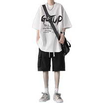 Heavy cotton T-shirt mens suit summer youth casual two-piece set trendy brand mens loose black short-sleeved