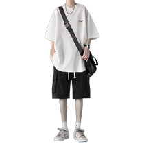 Heavy cotton T-shirt mens suit summer youth casual two-piece set trendy brand mens loose black short-sleeved