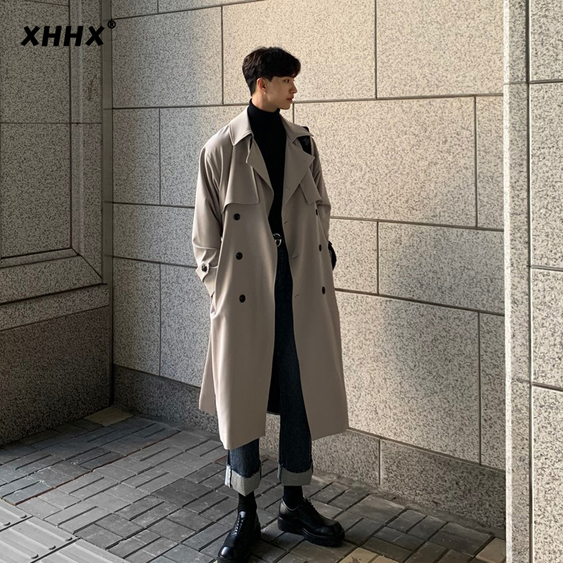 Wind coat men's autumn in winter with long cash over knee double-row buckle loose jacket Korean version casual bf thickened with big clothes-Taobao