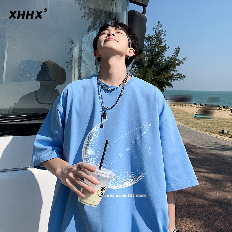 Blue T-Shirt for Men, Summer European and American Street Style, Trendy Pure Cotton Short-Sleeve, Large Size Oversize, Loose Half-Sleeve Blue T-Shirt for Men, Summer European and American Street Style, Trendy Pure Cotton Short-Sleeve, Large Size Oversize, Loose Half-Sleeve