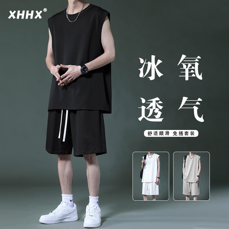 Ice Silk Vest Set for Men, Summer Sleeveless Loose T-Shirt and Shorts, Men's Casual Sports Trendy Outfit Ice Silk Vest Set for Men, Summer Sleeveless Loose T-Shirt and Shorts, Men's Casual Sports Trendy Outfit