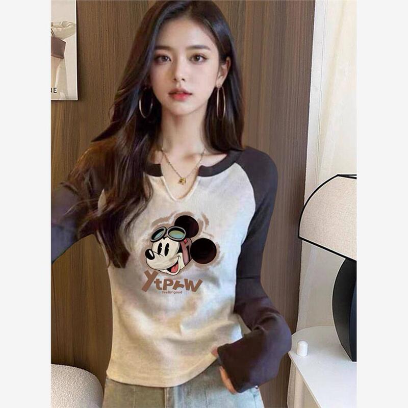 Korean 2026 Spring and Autumn New Design Pure Cotton Small V-Neck Color-Blocked Long-Sleeve T-Shirt for Women, Fashionable and Versatile Base Shirt