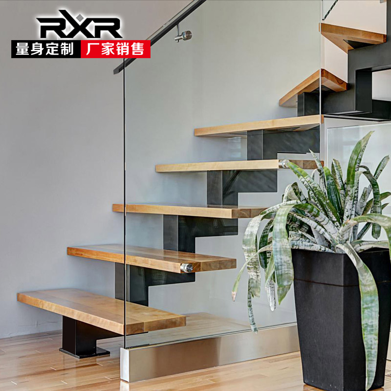 Steel Wood Straight Beam Glass Stairway Indoor Home Modern Minima Eurostyle Loft Iron Art Custom Wood Stairs