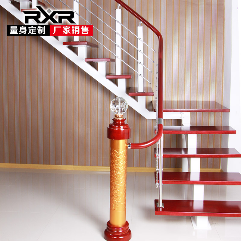 Indoor stairs attic steel-wood double-entry stairs jump layer oblique beam spiral staircase solid wood step board ladder composite board