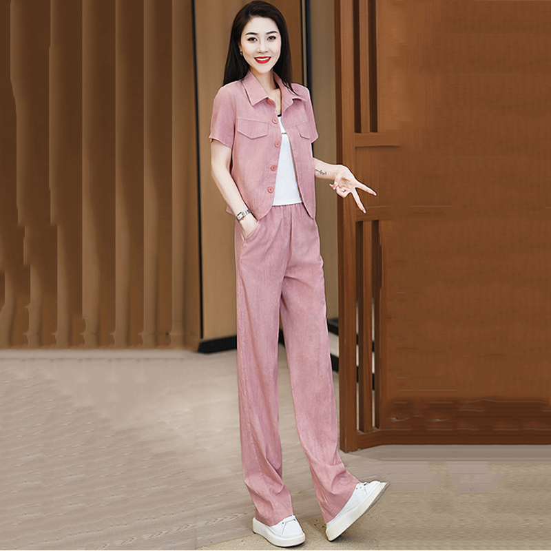 Casual Ice Silk Sportswear Suit for Women, New Summer Style, Fashionable, Slimming, Thin Short-Sleeved Shirt, Wide-Leg Pants Two-Piece Set Casual Ice Silk Sportswear Suit for Women, New Summer Style, Fashionable, Slimming, Thin Short-Sleeved Shirt, Wide-Leg Pants Two-Piece Set