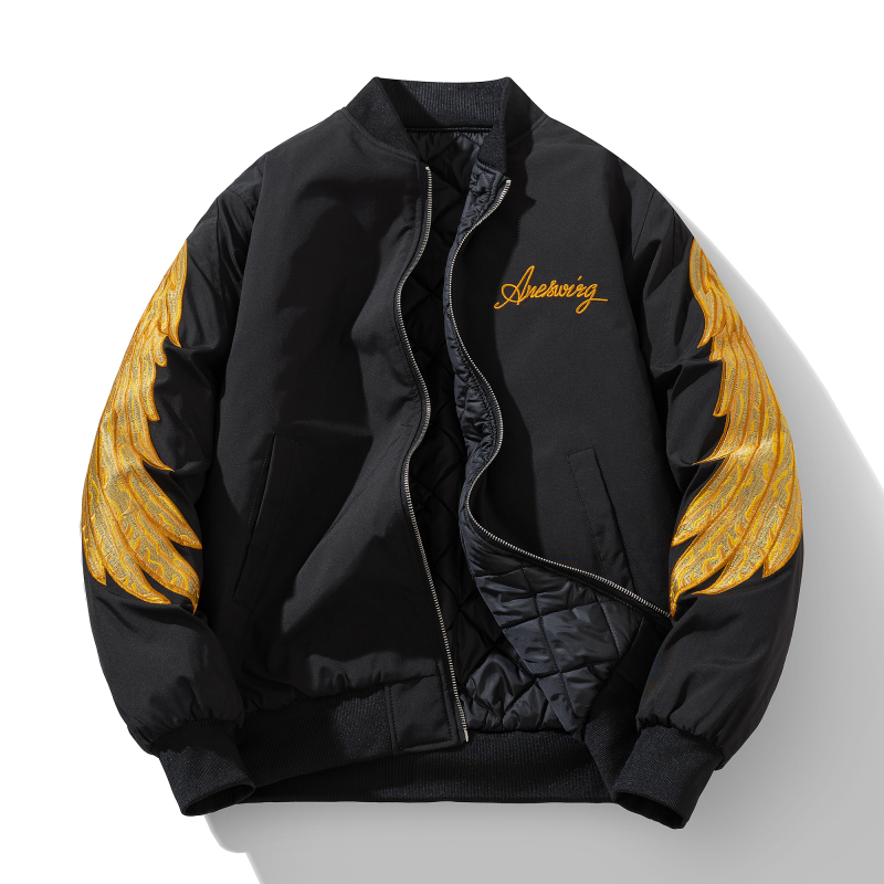 Angel Wings Embroidered Jacket for Men, Chinese Trendy Style, Thickened Baseball Cotton Jacket, American High Street Loose Flight Jacket, Cotton Coat
