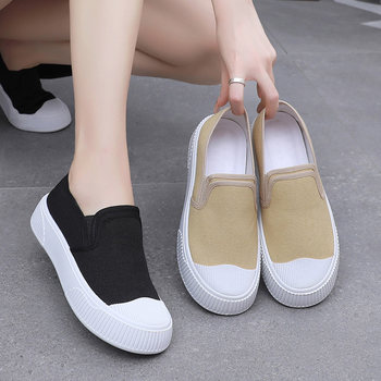Biscuit thick-soled canvas shoes for women 2025 spring and summer new versatile round-toe soft-soled low-top comfortable slip-on casual shoes