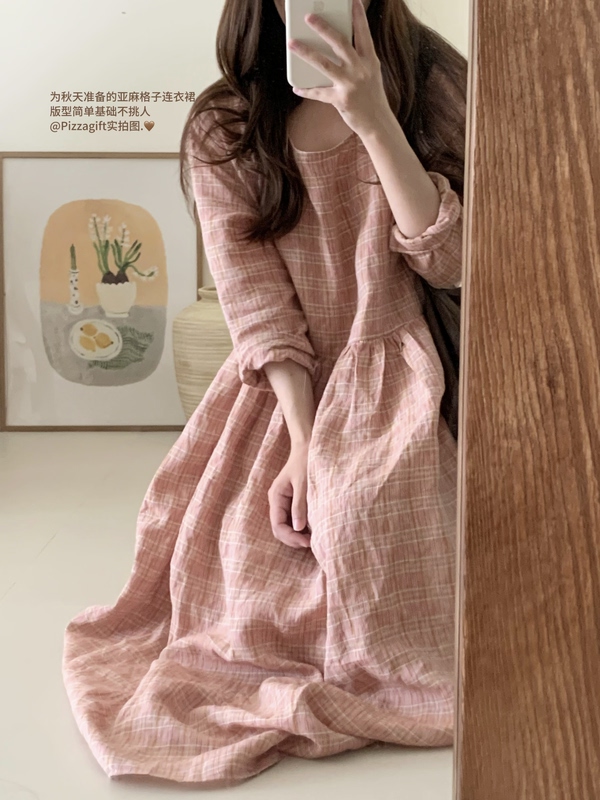 Pizza Gift a Bouquet of Red Lilies, Forest-Style Plaid 100% Linen Loose Robe Dress Pizza Gift a Bouquet of Red Lilies, Forest-Style Plaid 100% Linen Loose Robe Dress