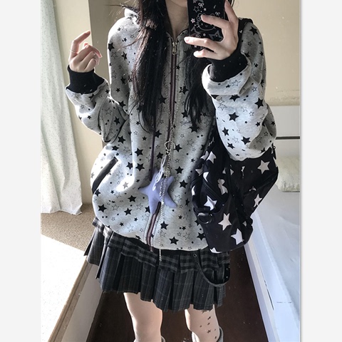 American Retro Starry Sky Cardigan Hooded Sweatshirt for Women, Spring and Autumn Loose Korean Style Casual Couple's Zip-Up Jacket Top American Retro Starry Sky Cardigan Hooded Sweatshirt for Women, Spring and Autumn Loose Korean Style Casual Couple's Zip-Up Jacket Top