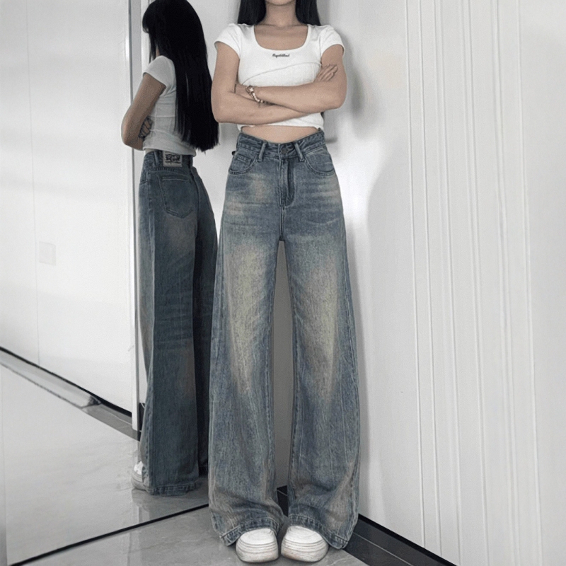 American Retro Blue Straight-Leg Jeans for Women, New Spring Style, Plus Size, High-Waisted, Slimming, Loose, Hip-Covering Wide-Leg Pants