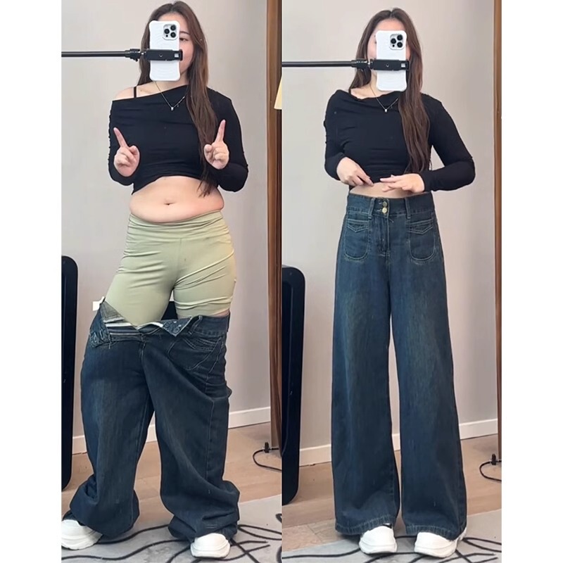 Pear-Shaped Figure Retro Blue Straight-Leg Jeans for Women, New Spring Style, Plus Size, High-Waisted, Slimming, Loose Wide-Leg Pants Pear-Shaped Figure Retro Blue Straight-Leg Jeans for Women, New Spring Style, Plus Size, High-Waisted, Slimming, Loose Wide-Leg Pants