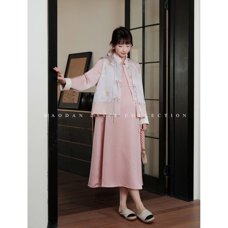 Cat-Themed [Flower Shadows and Poetry] Nana's Maternity Wear for Pregnancy, Autumn Outfit, New Chinese-Style Vest Dress Set