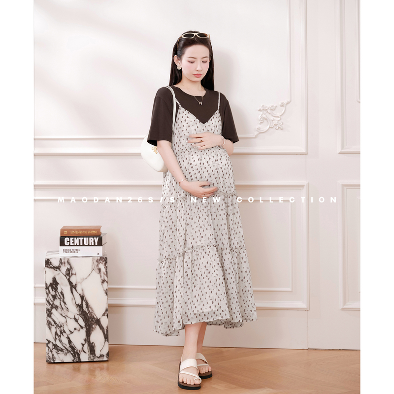 Cat Single [Caramel Sweet Tea] [Lyocell] Maternity Wear Summer New French Resort Style Slimming Dress