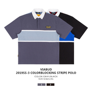 VIABUD 19SS Quốc Tide Retro khâu Hit-and-Run sọc POLO áo sơ mi nam ngắn tay áo Loose Lapcollar áo thun Couple