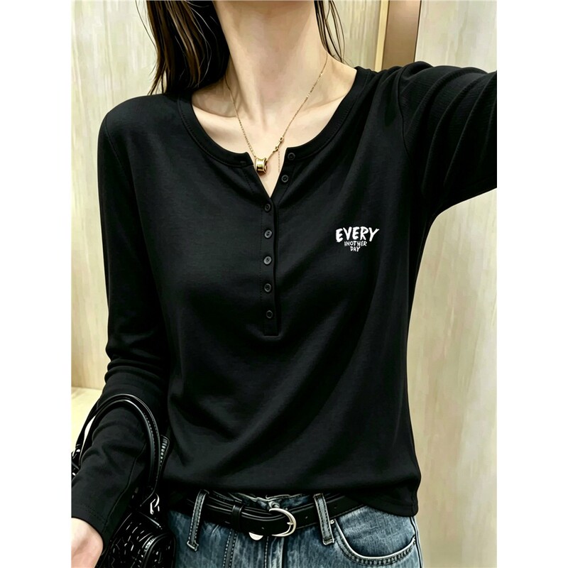 Korean Style Button-Down Long-Sleeve T-Shirt for Women, Loose Casual Plus Size Black Henley Neck Top, Autumn 2026 New Model