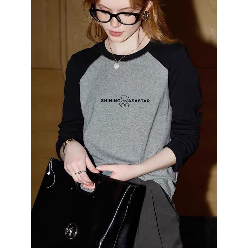Korean 2026 Spring and Autumn Unique Color-Block Pure Cotton Long-Sleeve T-Shirt for Women, Age-Reducing Versatile Top, Trendy Base Shirt