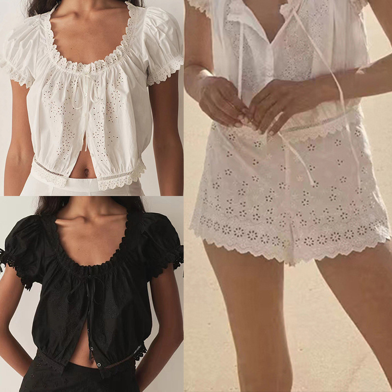 French-Style Niche 2025 Summer New Lace-Up Lace Trim Pastoral Round-Neck Top with Hollow-Out Floral Shorts Set