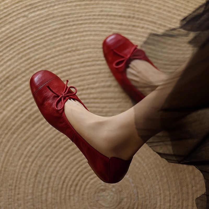 Genuine Leather French Retro Ballet Shoes for Women, Spring and Summer, Bow-Knot, Ultra-Soft Sheepskin, Red Flat Granny Shoes, Single Shoes
