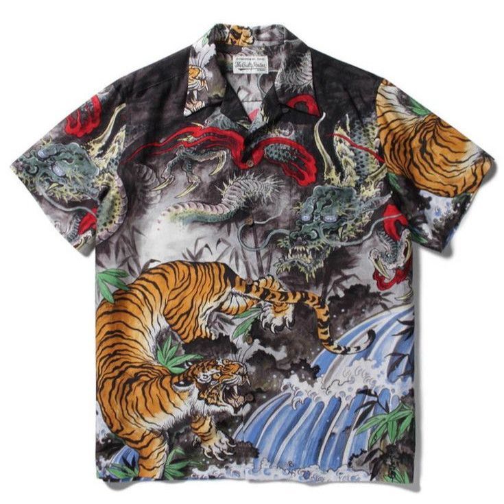 2026 Retro Japanese-Style Tiger and Dragon Pattern Hawaiian Shirt for Men, Short-Sleeved, Loose Fit, Vacation Trendy Men's Top