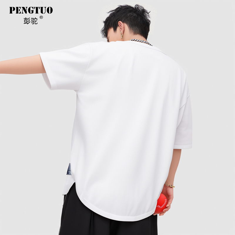 Trendy Brand Ice Silk Short-Sleeve T-Shirt for Men, American-Style Curved Hem with Slits, Loose, Simple, High-End Feel, White Base Shirt t