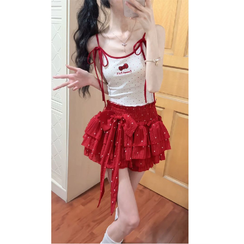 Summer Dopamine Sweet Girl Bow-Knot Polka Dot Camisole Top Paired with Red Half-Length Cake Puffy Skirt Set