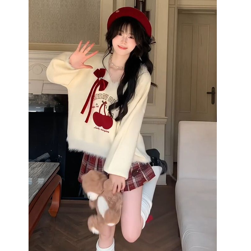 French Preppy Style Cute Cherry Frayed V-Neck Pullover Sweater Paired with a Christmas Red Plaid Skirt Two-Piece Set