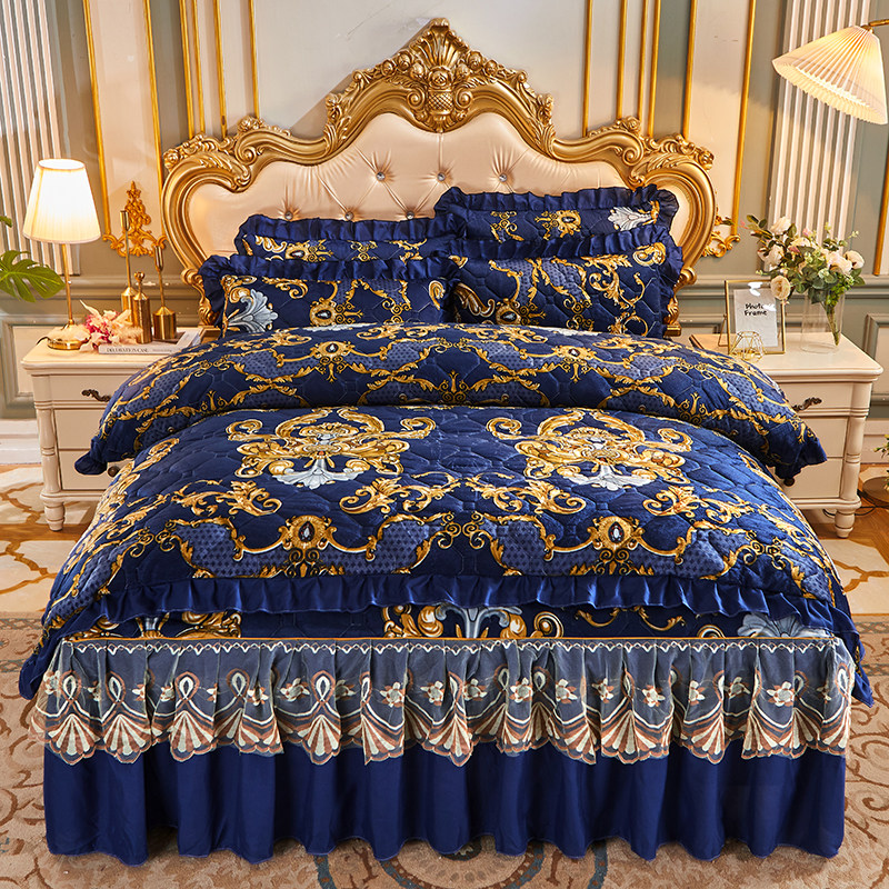 Embroidery coral suede milk suede Cashmere Sandwiched Cotton Bed Skirt Four Pieces of Thickened Warm Double-sided Suede Quilt Cover Winter 