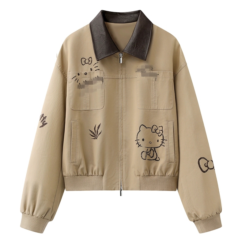 2026 Spring Designer Style Light Luxury Women's Fashion Lapel Cartoon Cat Graffiti Style Short Jacket Coat Top