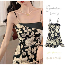 Retro printing hanging with two pieces of swimsuit connected temperament net red wind shading and thin conservative hot spring swimsuit peony