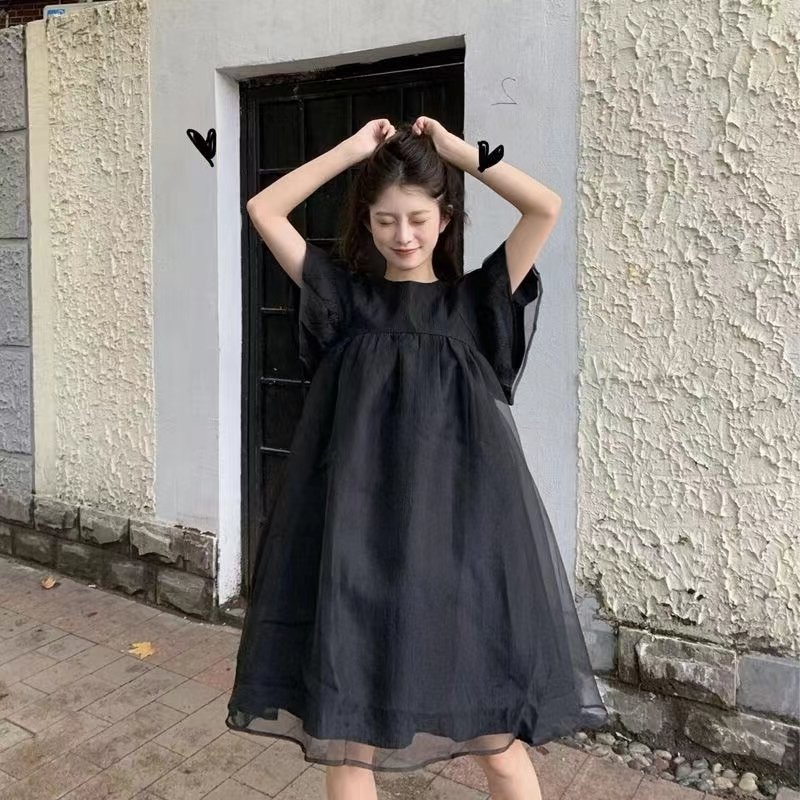 Black French Hepburn Style High-End Mesh Tutu Skirt, New Summer Style Fairy Dress with Small Flying Sleeves Design