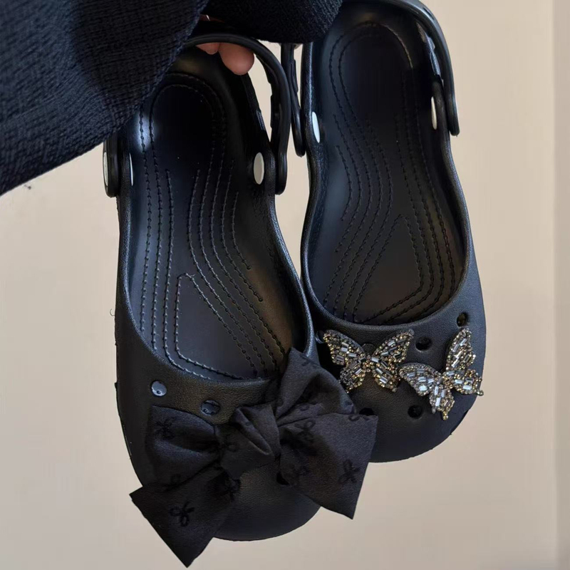 Black Ballet Clogs for Women 2026 New Summer Style with Rhinestone Bow, Closed-Toe, Non-Slip, Beach Vacation Sandals