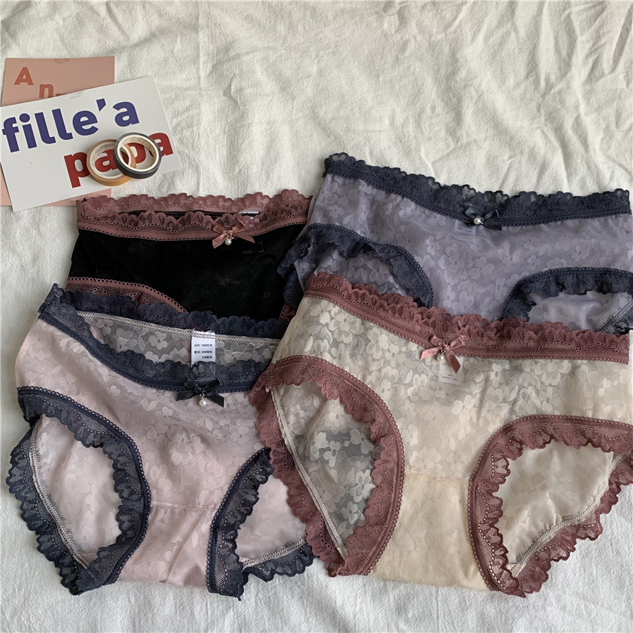 Real price Korean girls bow tie lace hollow sexy light crotch middle waist panties